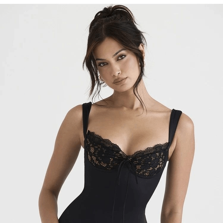 Dark Temptation Black Satin & Lace Mini Dress
