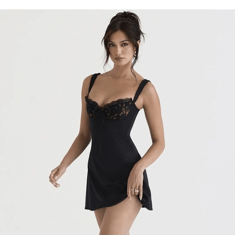 Dark Temptation Black Satin & Lace Mini Dress
