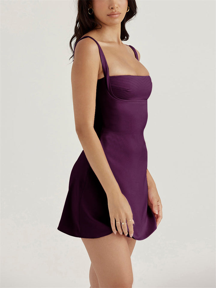 Satin Flare Mini Dress in Purple Mist
