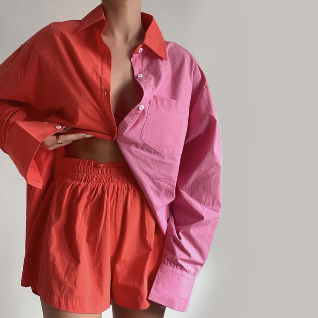 Kiss Me colorblock Oversized Button Up Shirt Set