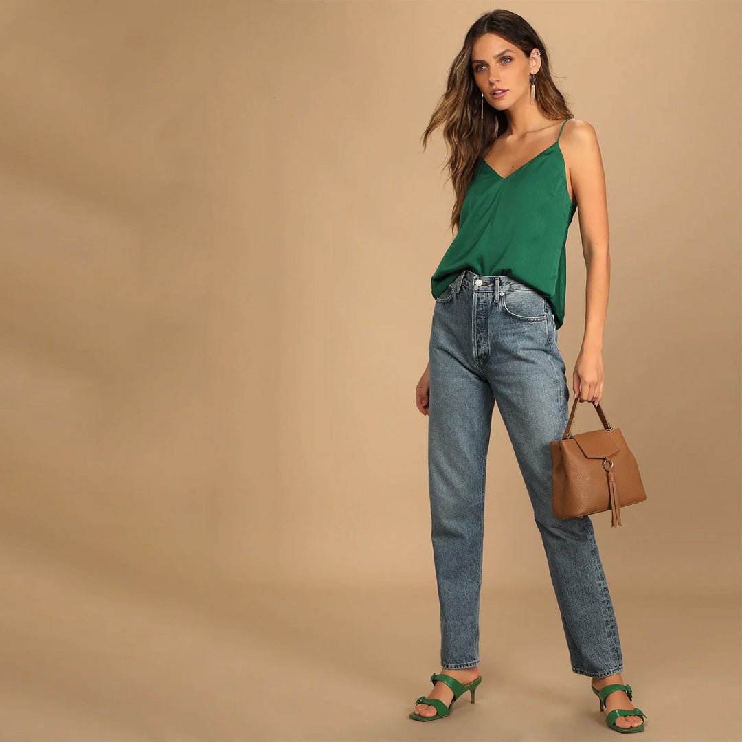 Twist the Tale Emerald Green Satin Twist-Back Tank Top