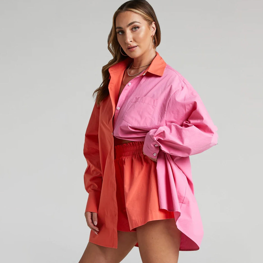 Kiss Me colorblock Oversized Button Up Shirt Set