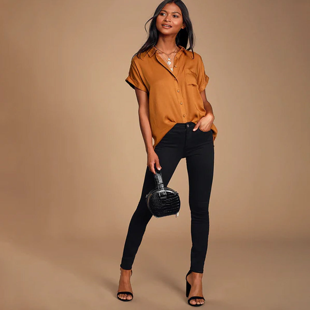 Blythe Rust Brown Short Sleeve Button-Up Top