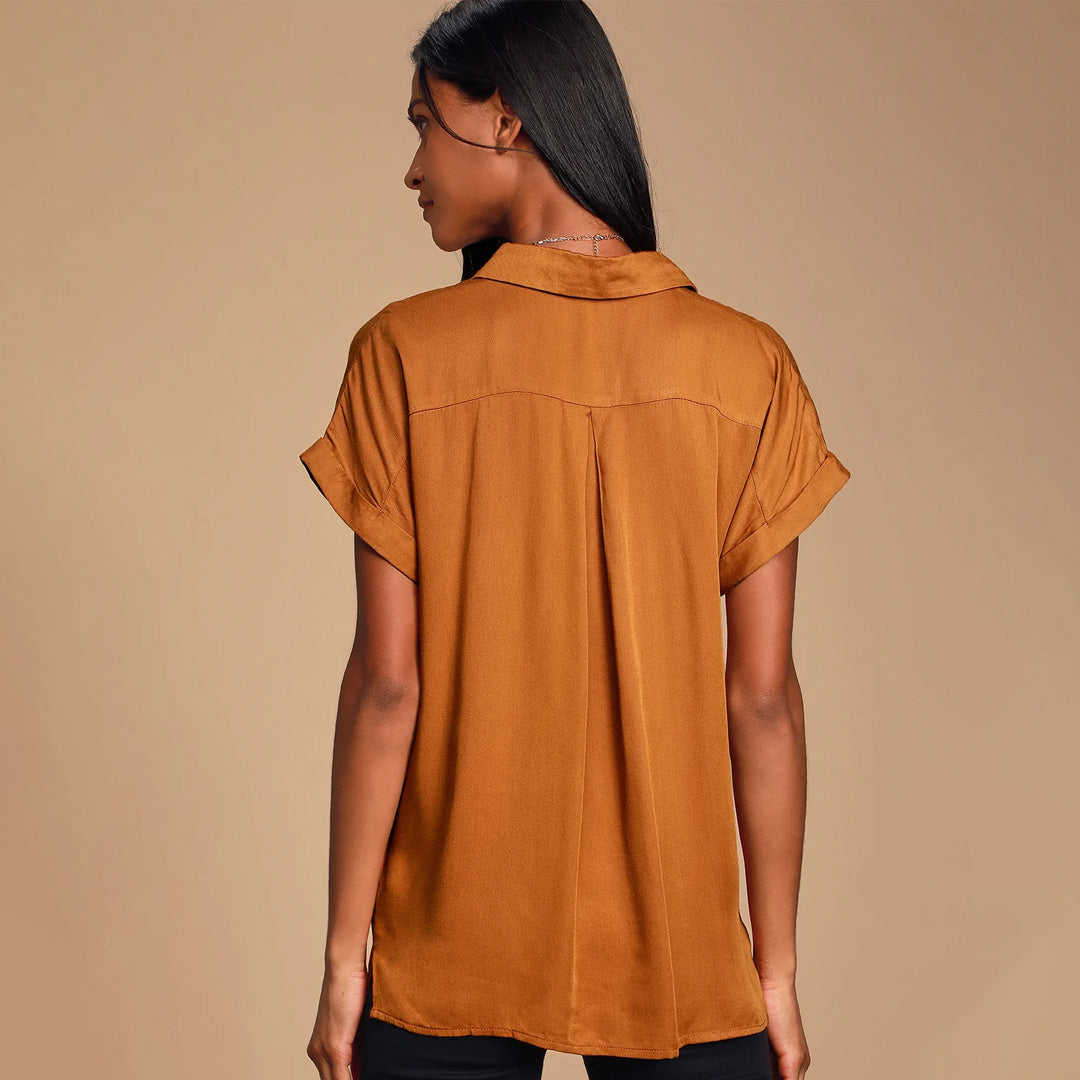 Blythe Rust Brown Short Sleeve Button-Up Top