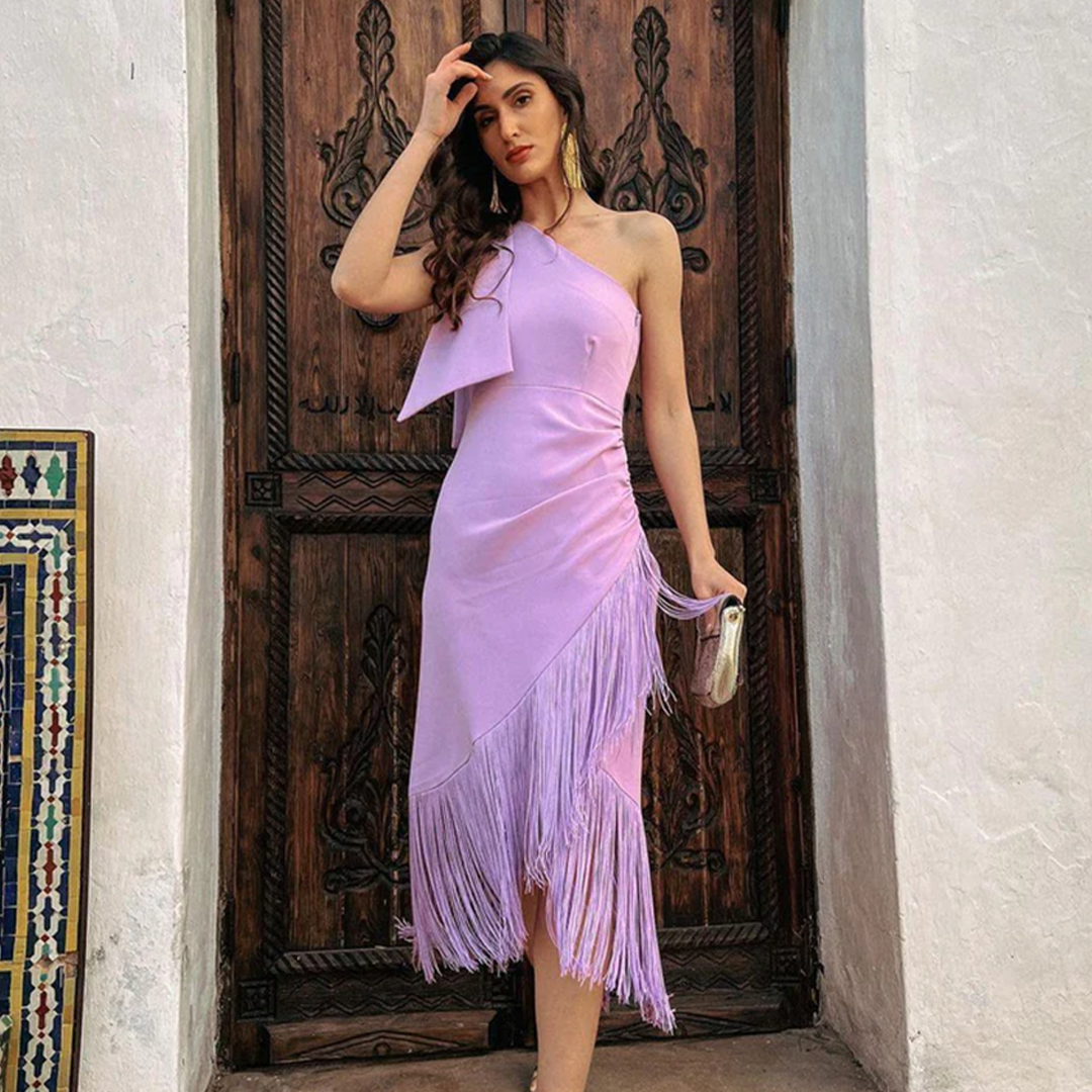 Pretty Girl Lavender One-shoulder Midi Dress With Fringes