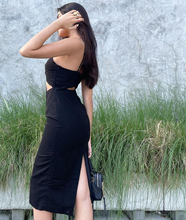 Graceful Glam Black Bodycon Midi Dress