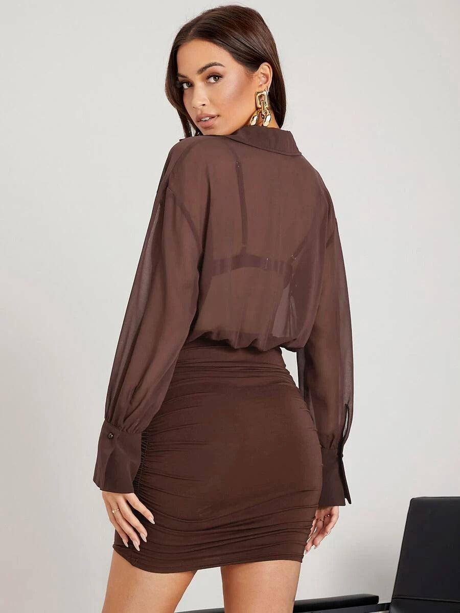 Mocha Brown Ruched Mini Shirt Dress