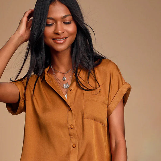 Blythe Rust Brown Short Sleeve Button-Up Top
