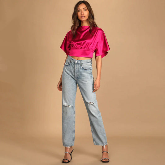 Upgrade to Chic Hot Pink Satin Tie-Back Crop Top