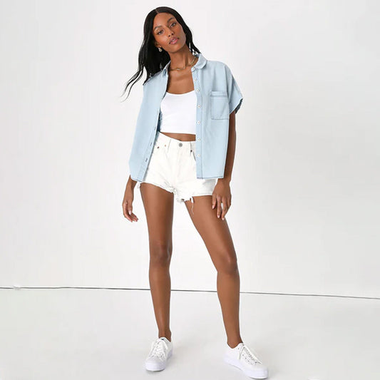 Charmingly Casual Light Blue Chambray Button-Up Top