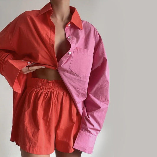 Kiss Me colorblock Oversized Button Up Shirt Set