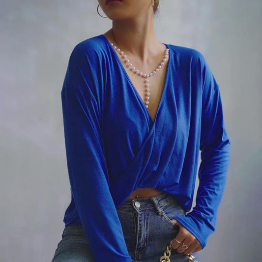 Women's Blue V-Neck Full Sleeves Top