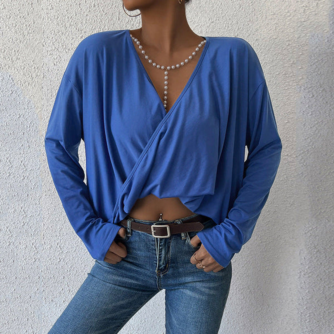 Women's Blue V-Neck Full Sleeves Top