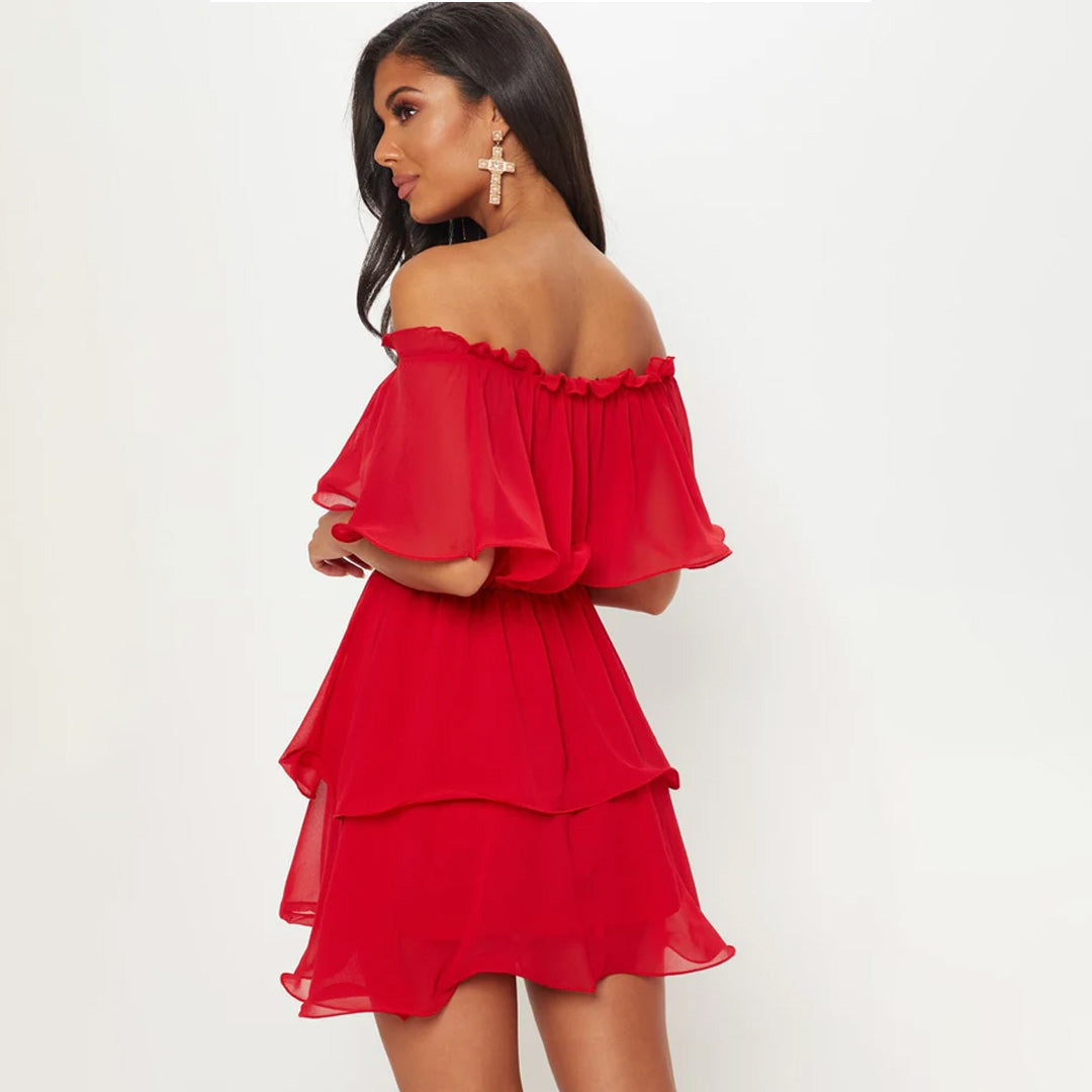 Remember Me Chiffon Bardot Ruffle Tiered Dress