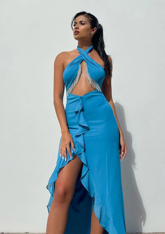 Blue Bliss Cross-Front Halter Maxi dress Media 1 of 3