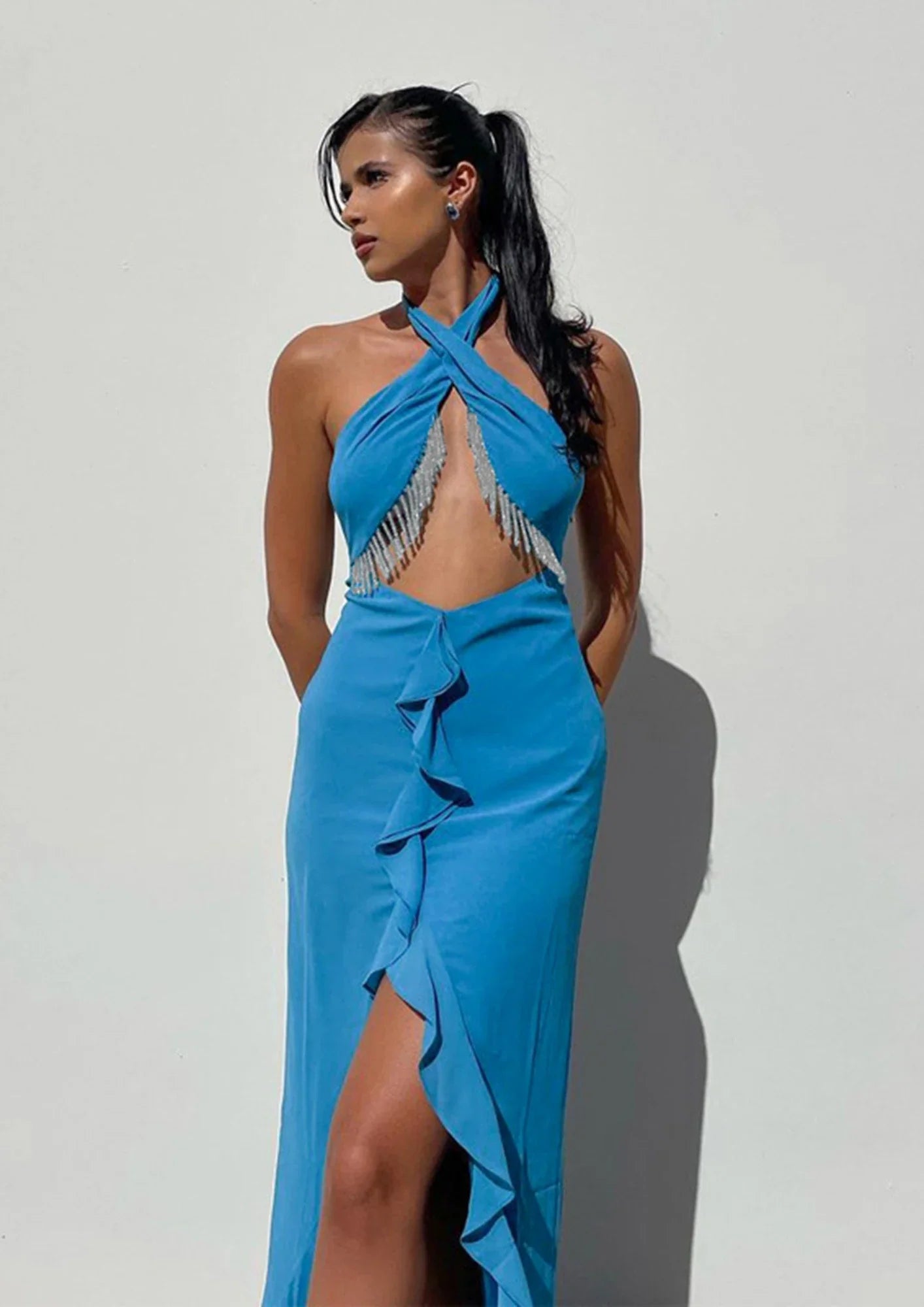 Blue Bliss Cross-Front Halter Maxi dress