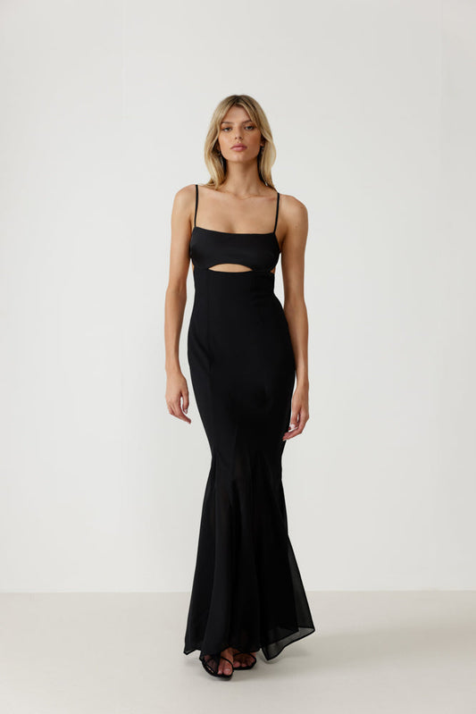 Luxe Georgette Mermaid Black Dress Wrapped in Satin Elegance 