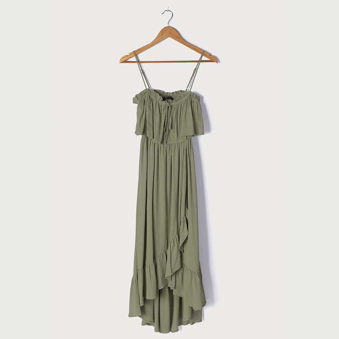Lasting Summer Olive Green Ruffled Midi Dress