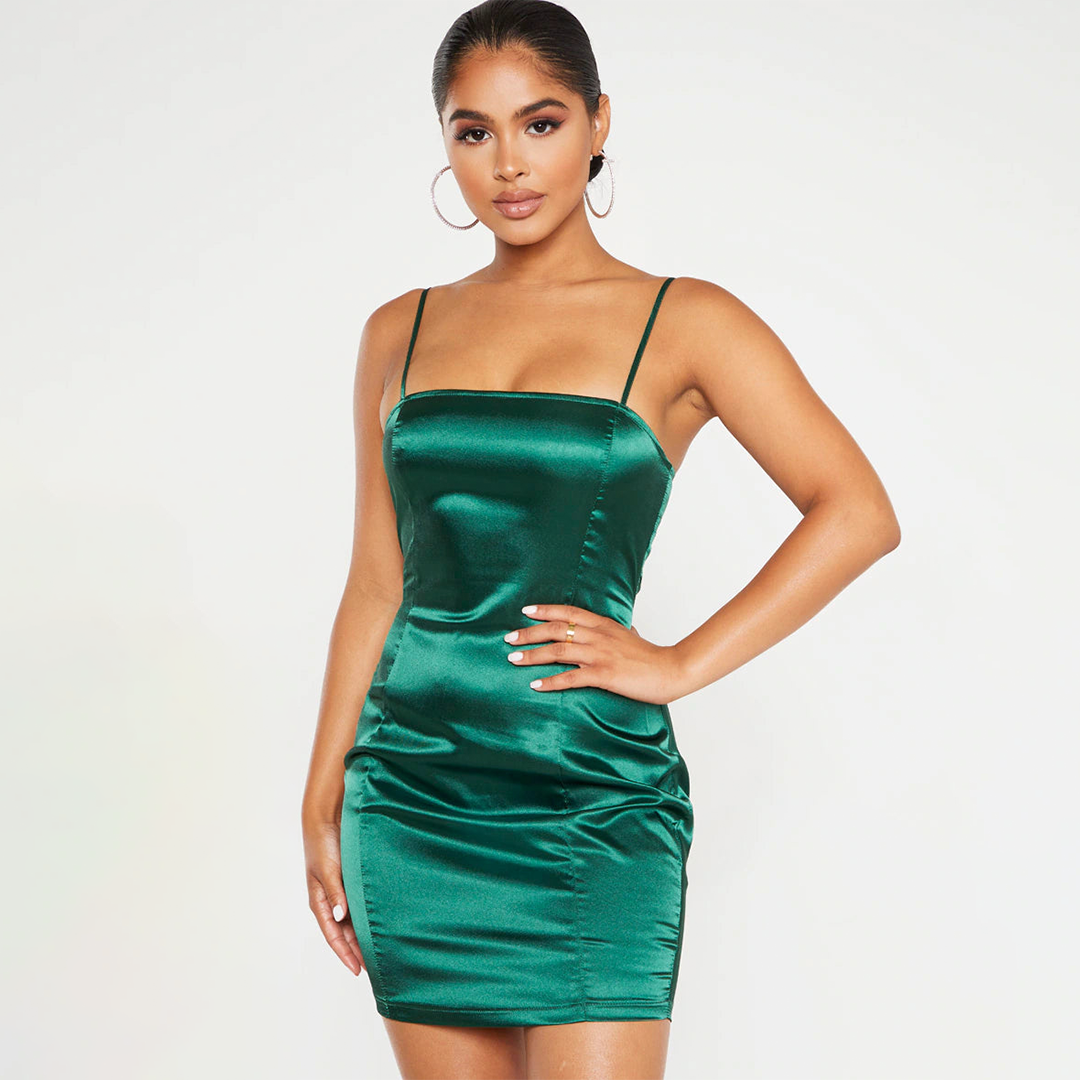 Petite Emerald Green Satin Strappy Straight Neck Bodycon Dress