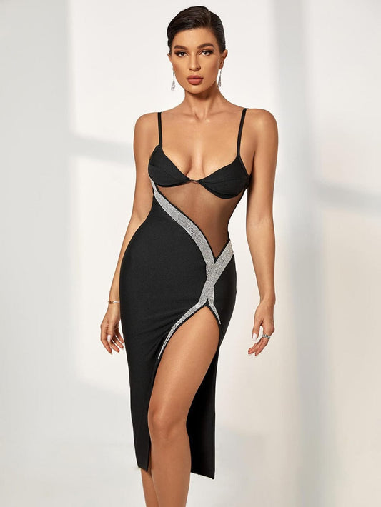 Midnight black high slit bandage midi dress