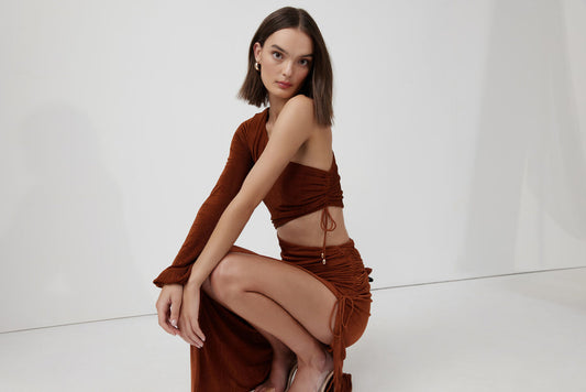 RUSTIC BROWN ASYMMETRIC CUT-OUT DRESS 